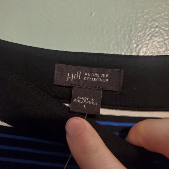 J. Jill Wearever Multi Striped Halter Dress Black Blue White, Stretch Jerseynorm - Picture 6 of 12